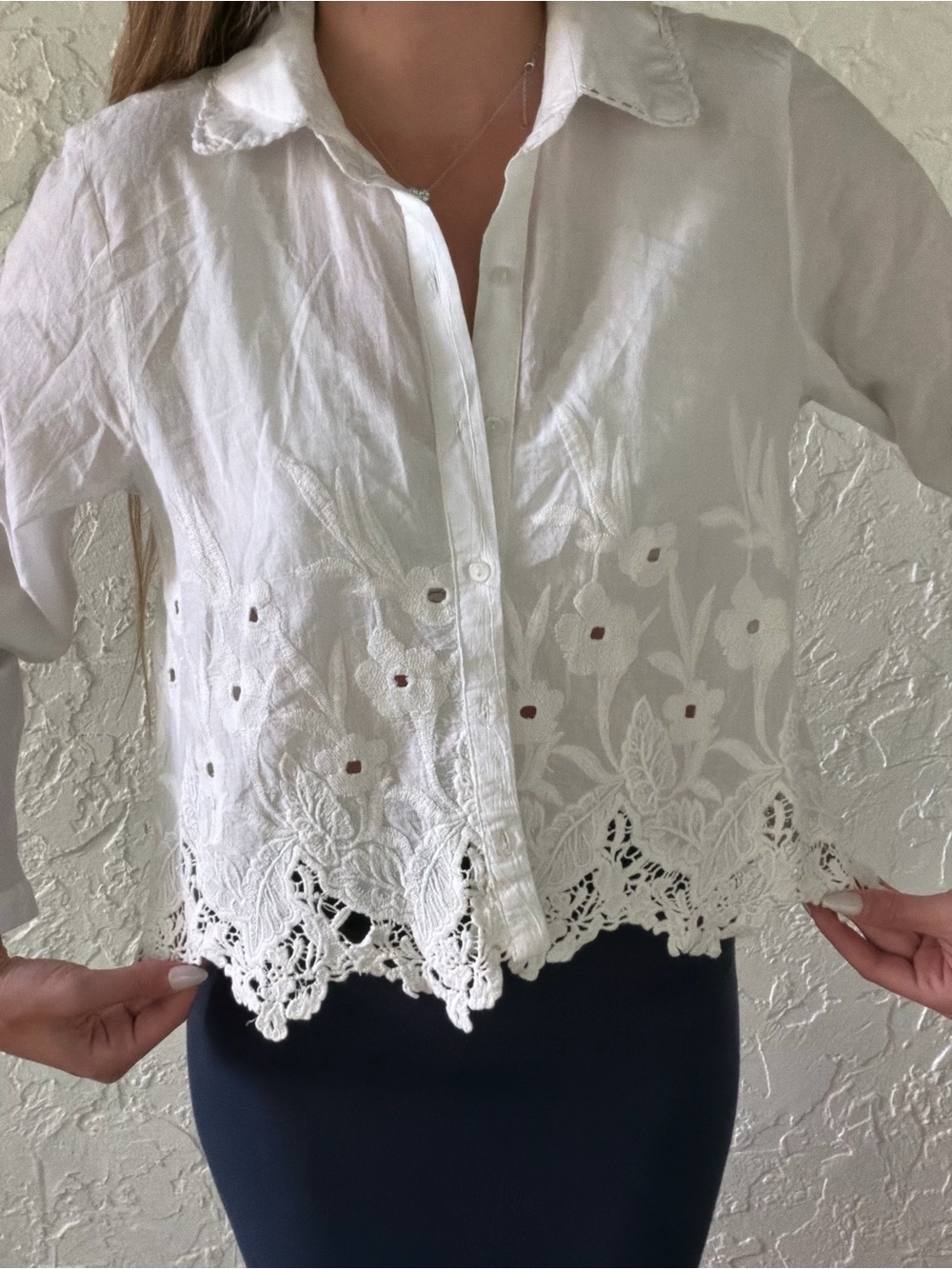Calypso St. Barth White Embroidered Linen Button-Front Top